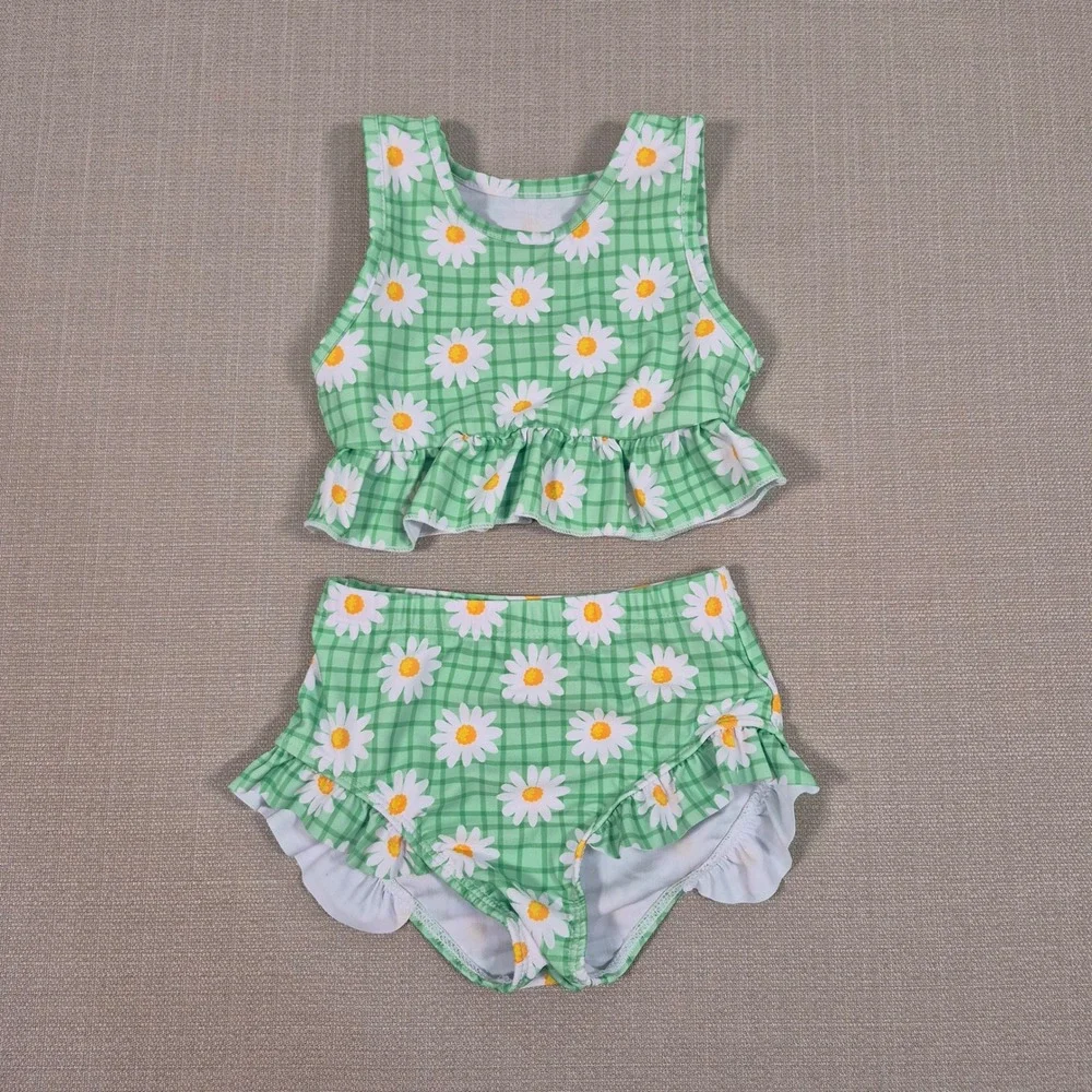 Green Gingham Daisy Ruffle Tankini Swimsuit Set 3-4Y